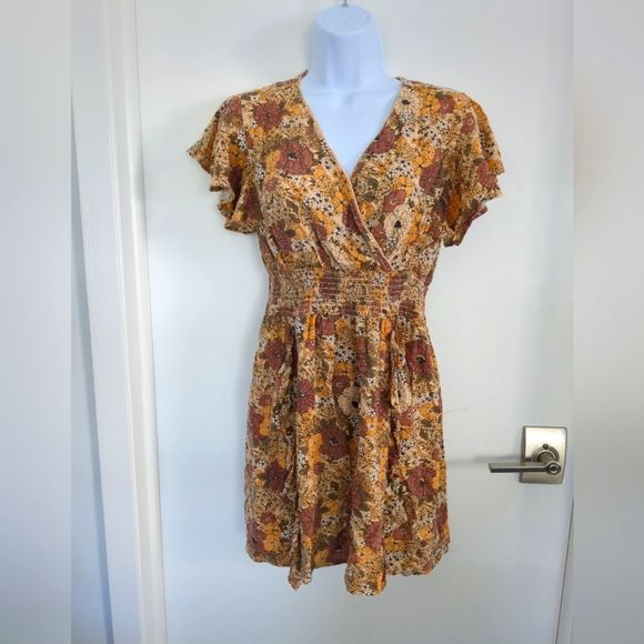 Jessica Simpson Floral Brown Beige and Orange V neck mini Dress size SX - Picture 3 of 8